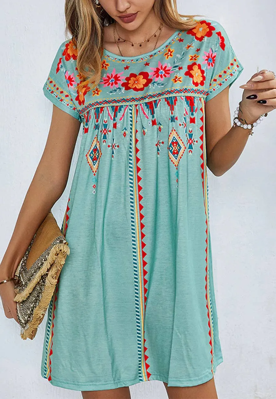 Multicolor Floral Boho Print Dress - Green