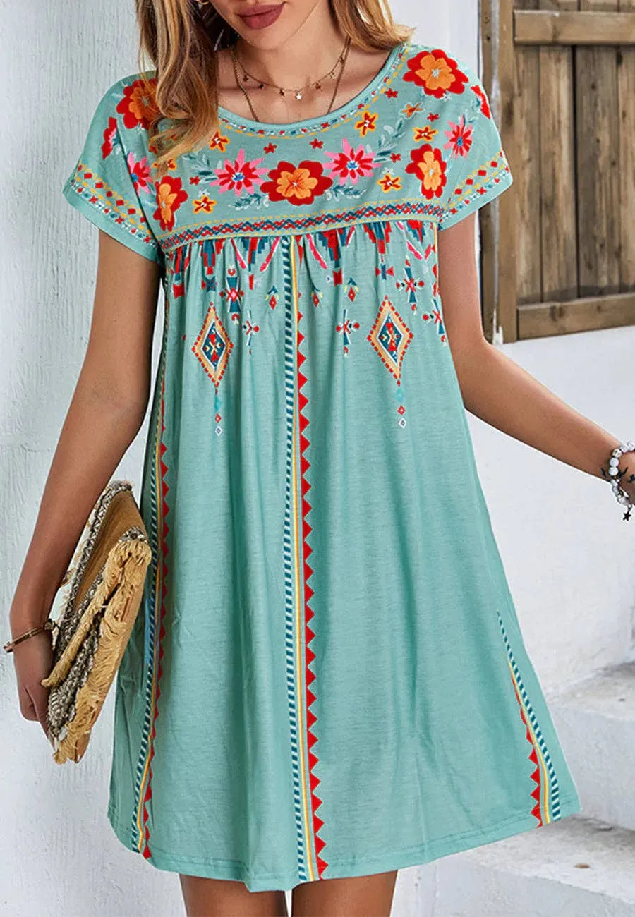 Multicolor Floral Boho Print Dress - Green