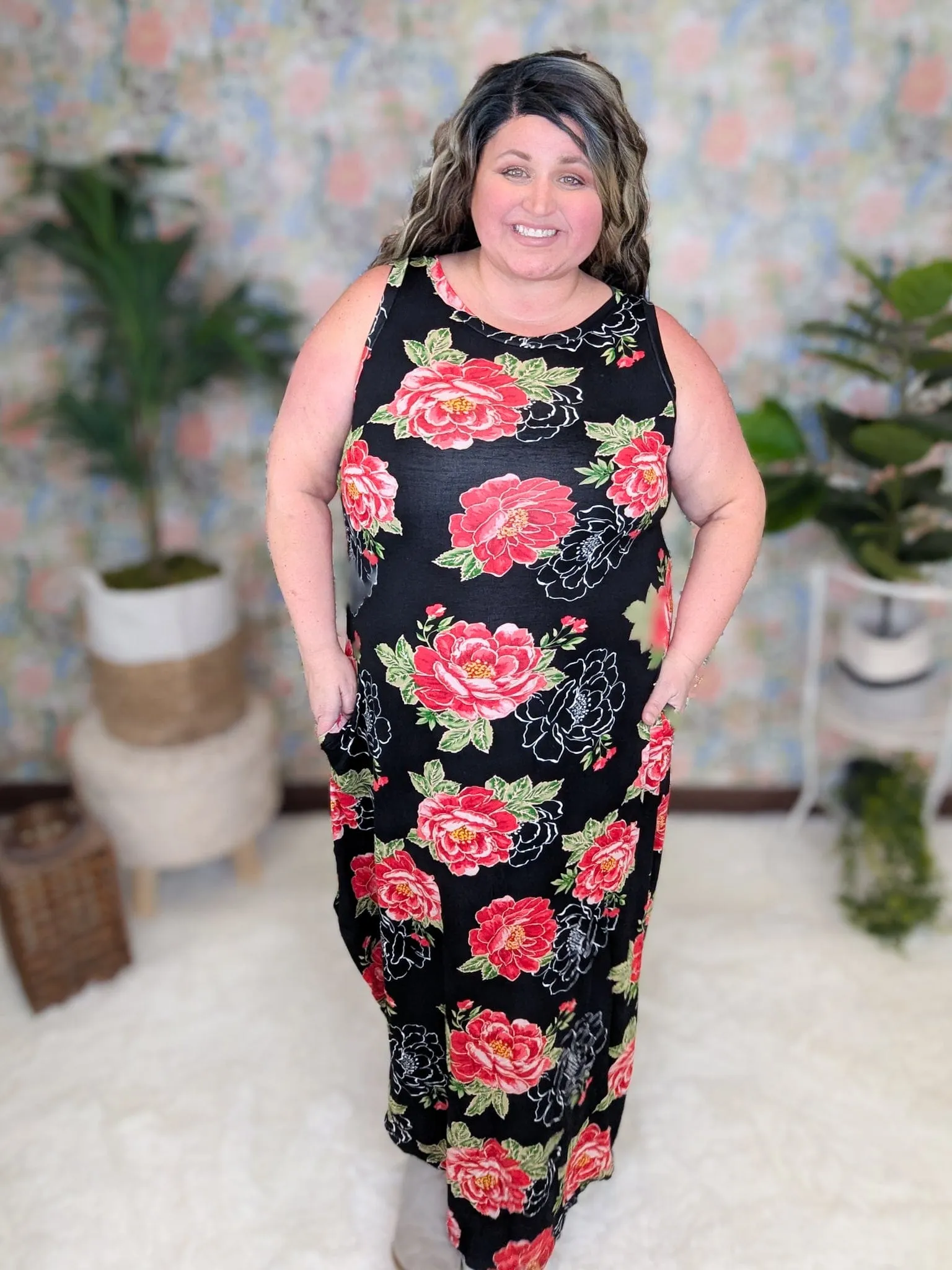 Nash Black & Red Floral Scoopbottom Dress