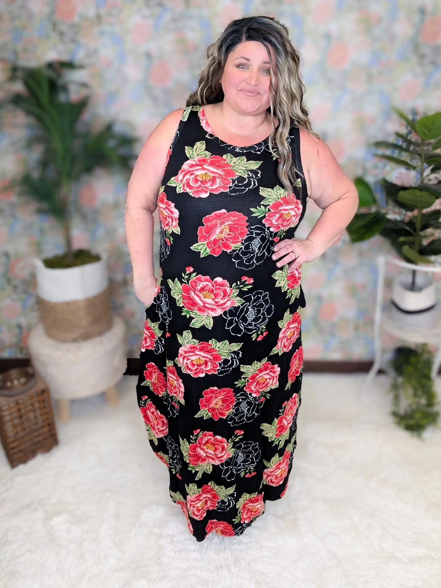 Nash Black & Red Floral Scoopbottom Dress