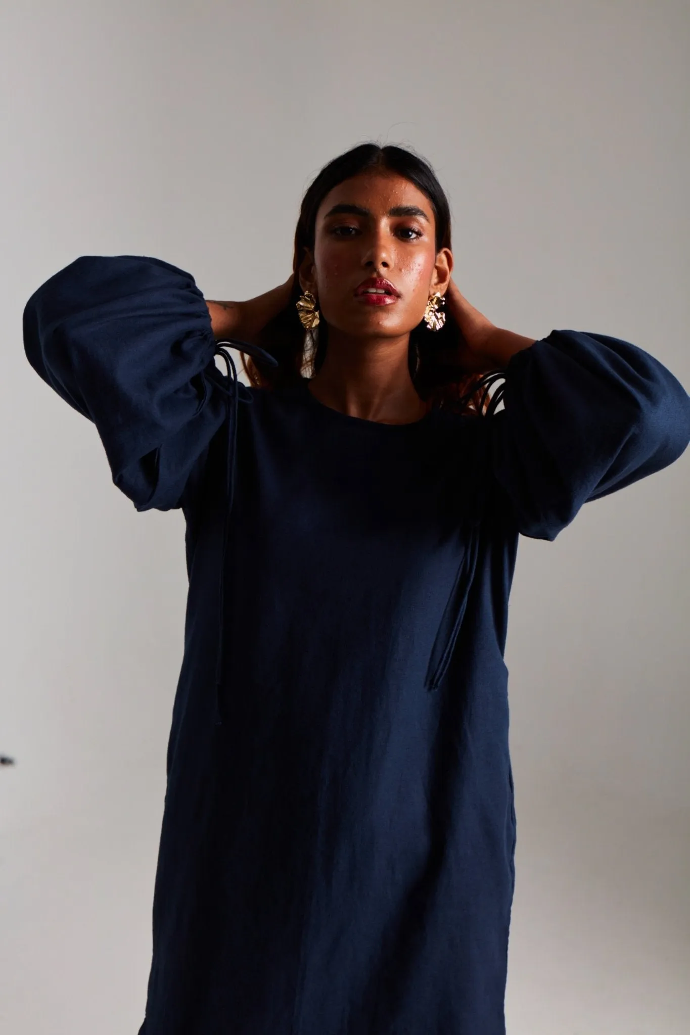 Navy Co-Linen Balloon Sleeves Dress