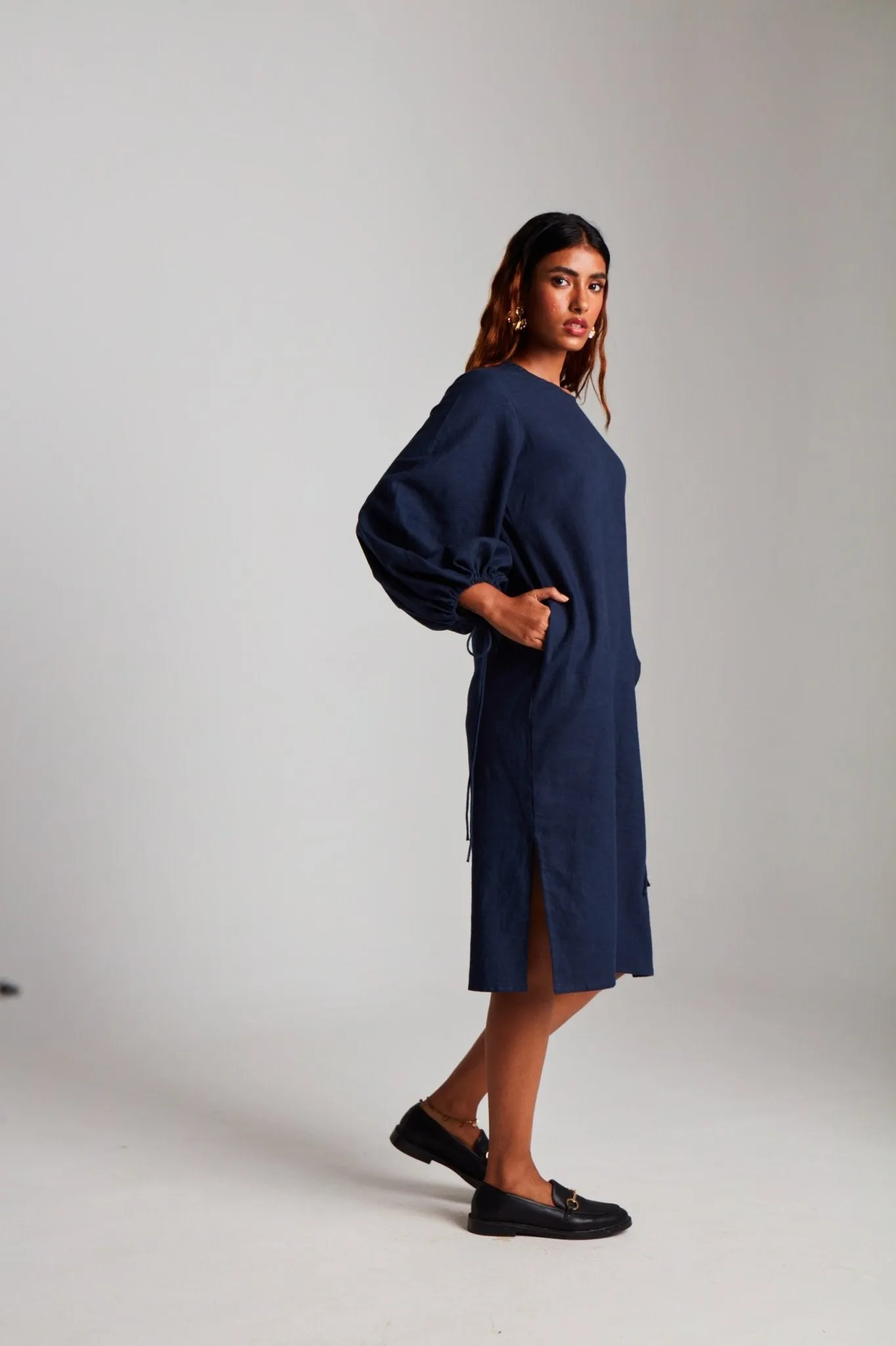 Navy Co-Linen Balloon Sleeves Dress
