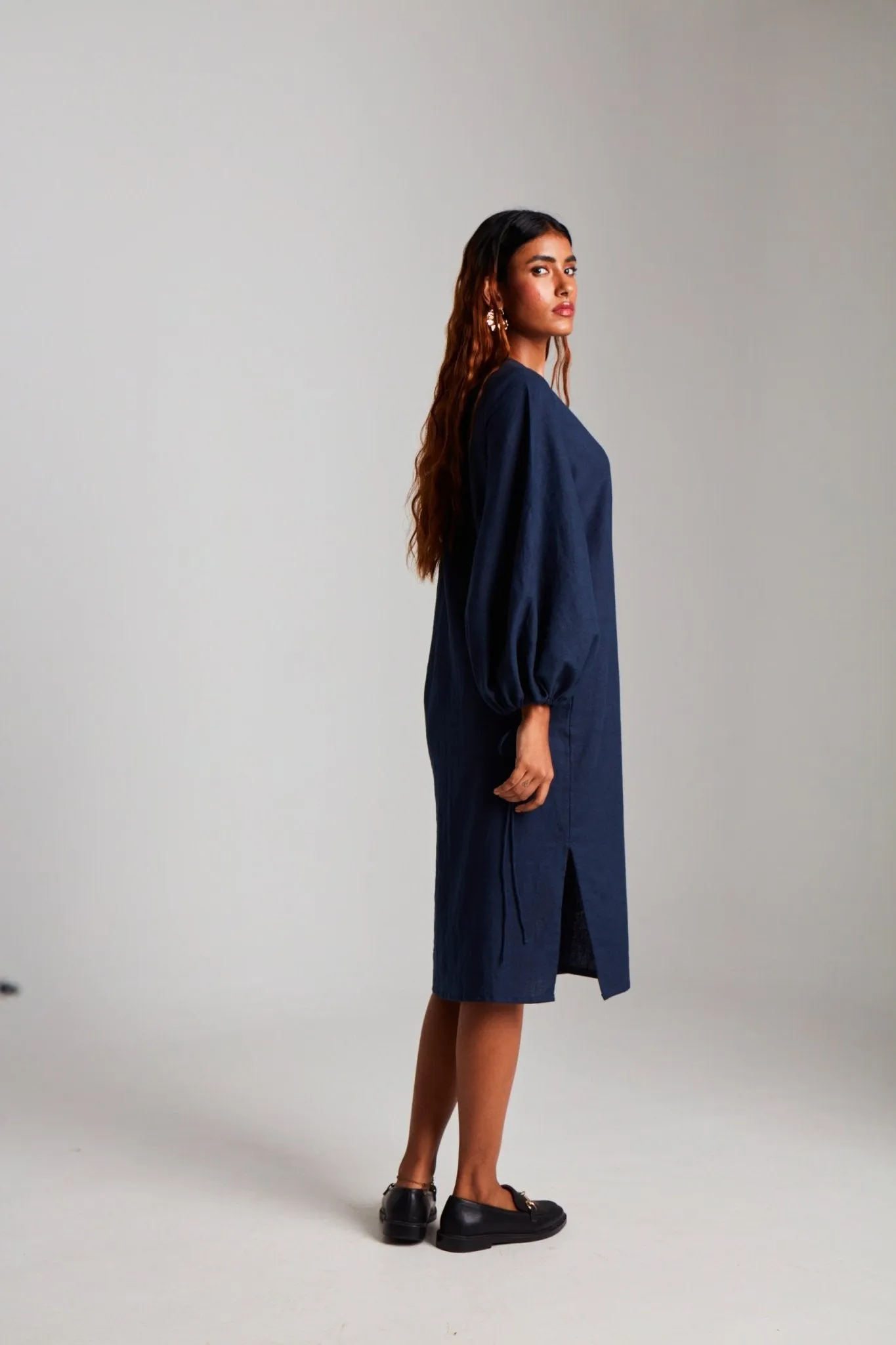 Navy Co-Linen Balloon Sleeves Dress
