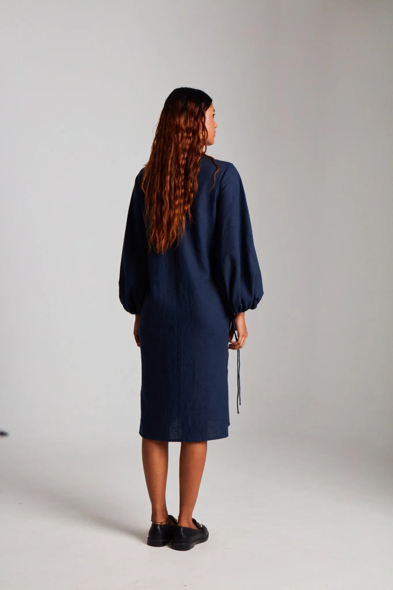 Navy Co-Linen Balloon Sleeves Dress