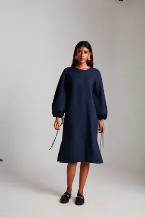 Navy Co-Linen Balloon Sleeves Dress