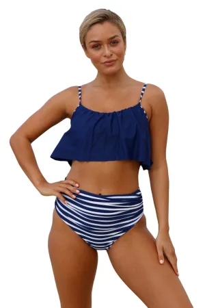 Navy Top and Striped Bottom High Waist Swimwear