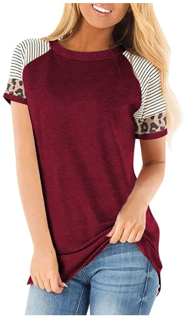 New Meikosks Women's Short Sleeve Tops Leopard Stripe Color Block T Shirt Deep Red, Sz XL!