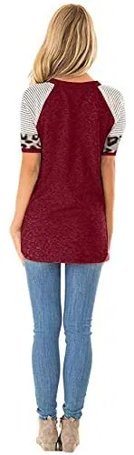 New Meikosks Women's Short Sleeve Tops Leopard Stripe Color Block T Shirt Deep Red, Sz XL!