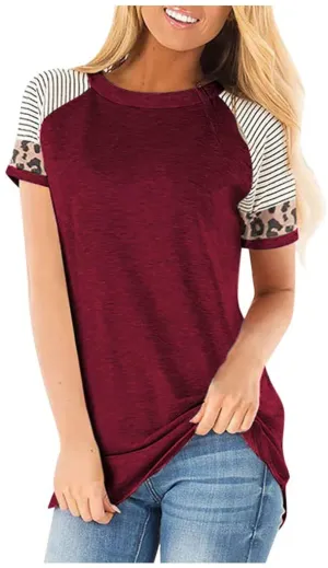 New Meikosks Women's Short Sleeve Tops Leopard Stripe Color Block T Shirt Deep Red, Sz XL!