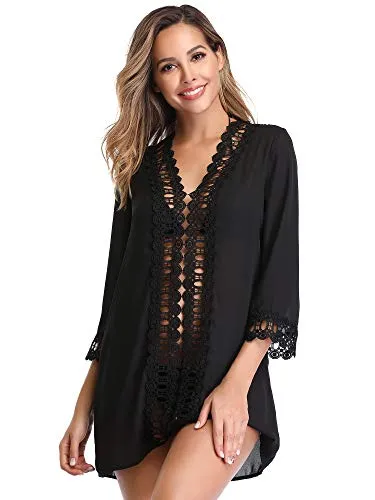 New Miyang Women's Floral Lace Beach Bikini swimwear cover up in Black, Sz L!