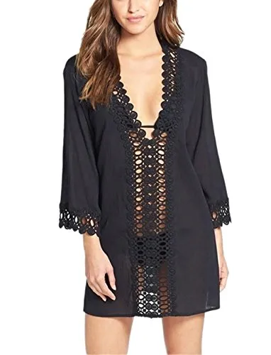 New Miyang Women's Floral Lace Beach Bikini swimwear cover up in Black, Sz L!