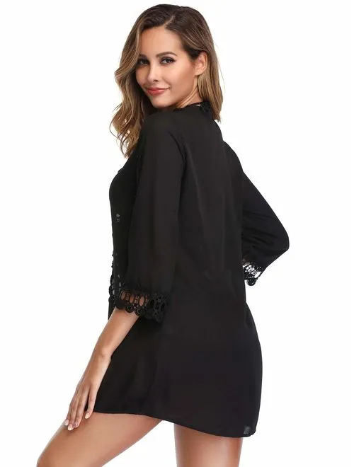 New Miyang Women's Floral Lace Beach Bikini swimwear cover up in Black, Sz L!
