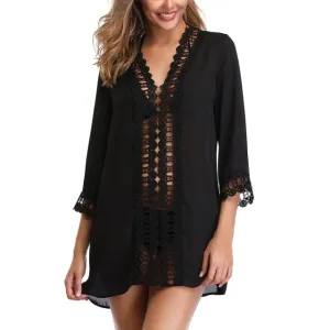 New Miyang Women's Floral Lace Beach Bikini swimwear cover up in Black, Sz L!