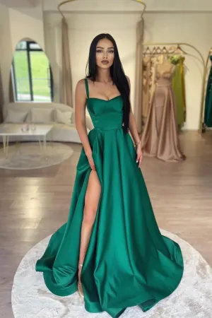 New Satin Emerald Green Prom Dress Long A-Line Evening Dresses
