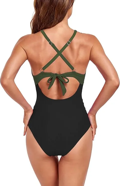 NEW Vozobi Women's One Piece Swimsuits Tummy Control Cutout High Waisted Bathing Suit Wrap Tie Back 1 Piece Swimsuit, Army Green & Black, Sz L