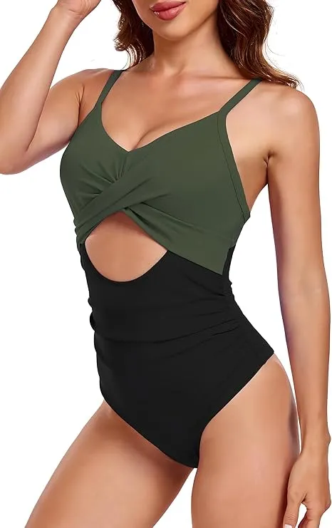 NEW Vozobi Women's One Piece Swimsuits Tummy Control Cutout High Waisted Bathing Suit Wrap Tie Back 1 Piece Swimsuit, Army Green & Black, Sz L