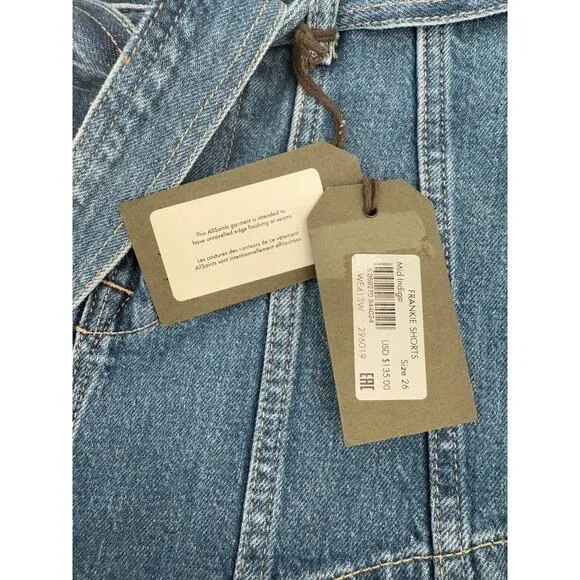 NWT ALLSAINTS Frankie Mid Indigo Belted Blue Denim Shorts Size 26