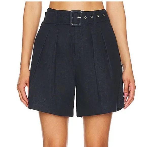 NWT BLANK NYC Set Sail Short in Navy Blue 100% Linen High-waisted Belted size 27