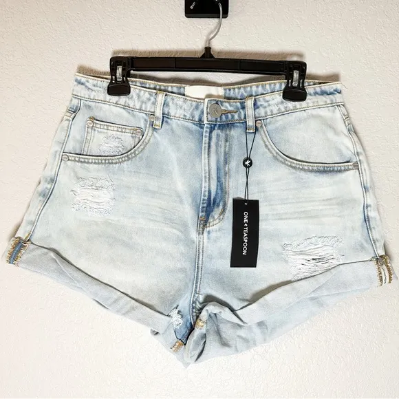 NWT ONE TEASPOON Bandits High Waist Denim Shorts Blue Tornado Size 32 Distresse