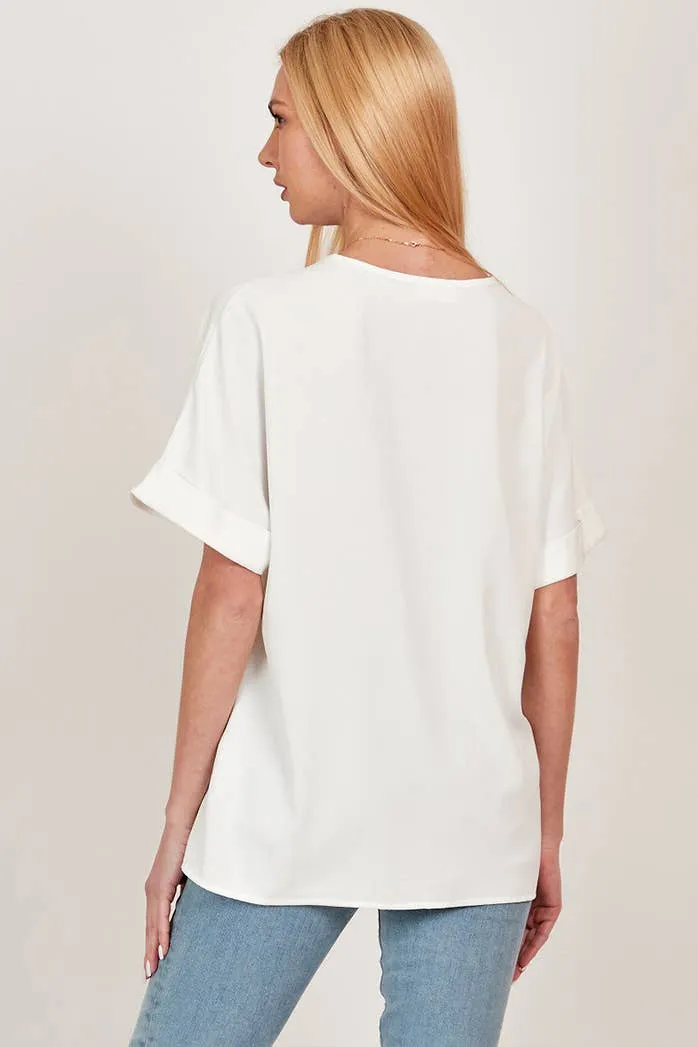 Off White Solid Collared Short Sleeve Loose Boxy Top