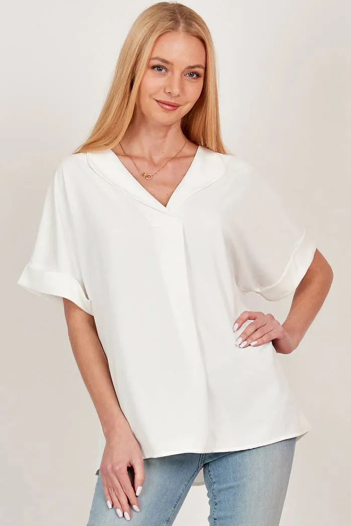 Off White Solid Collared Short Sleeve Loose Boxy Top