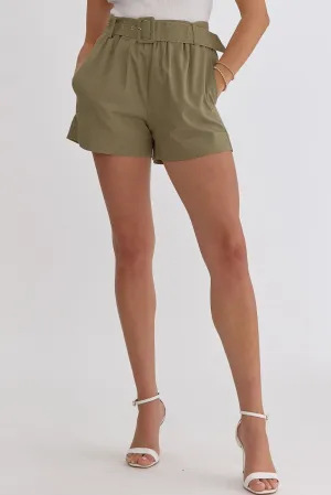 Olive High Waisted Belt Shorts