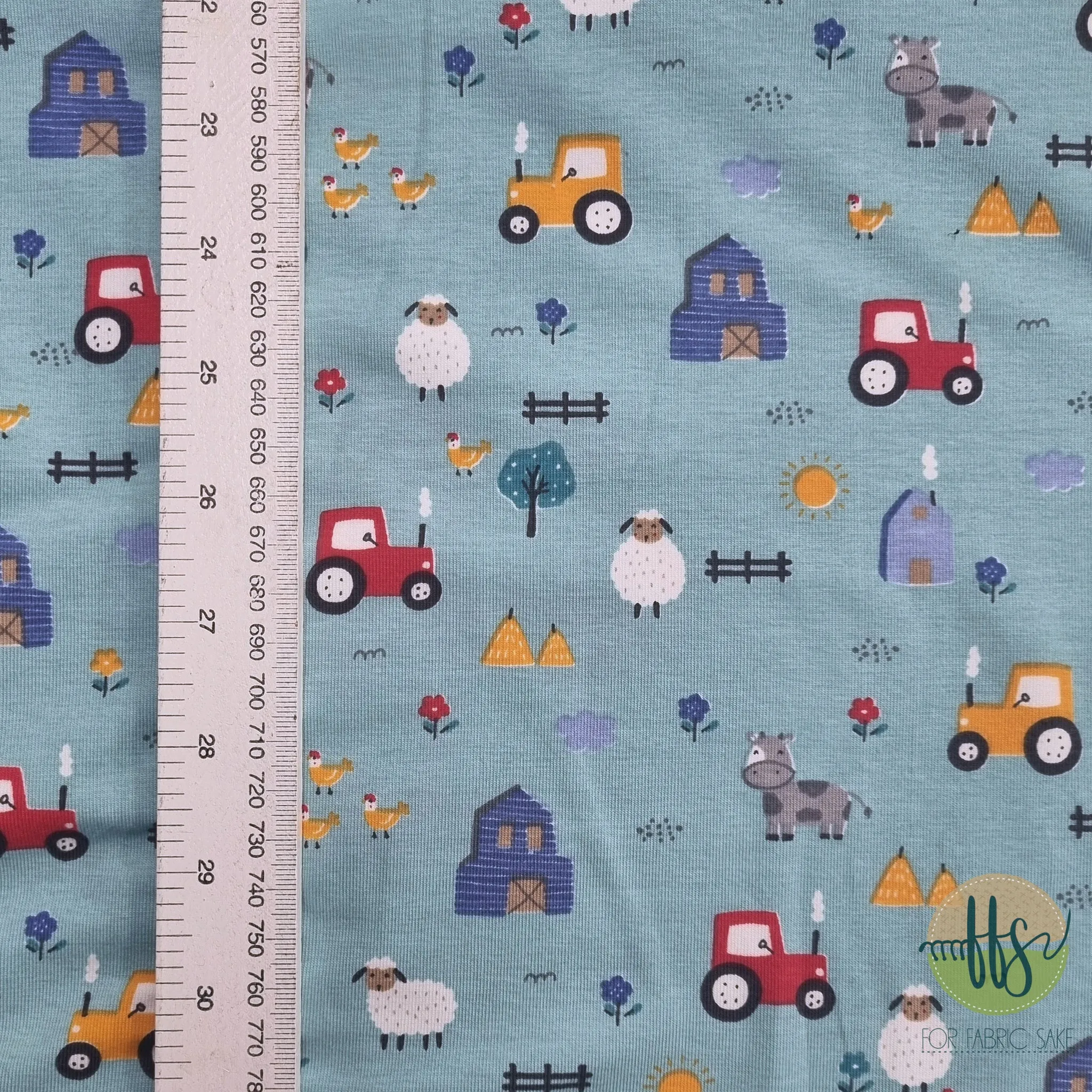 On the Farm Teal- Cotton Spandex - 1 meter PIECE