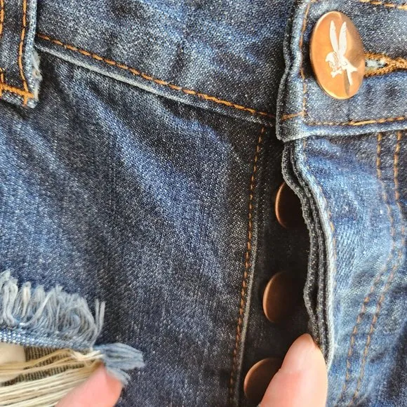 One Teaspoon Bandits Button Fly Denim Shorts Relax Fit Twisted Cuff Hem Blue