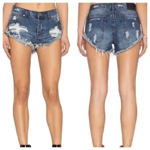 One Teaspoon Bandits Button Fly Denim Shorts Relax Fit Twisted Cuff Hem Blue