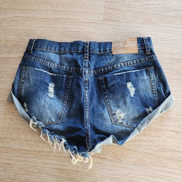 One Teaspoon Bandits Button Fly Denim Shorts Relax Fit Twisted Cuff Hem Blue