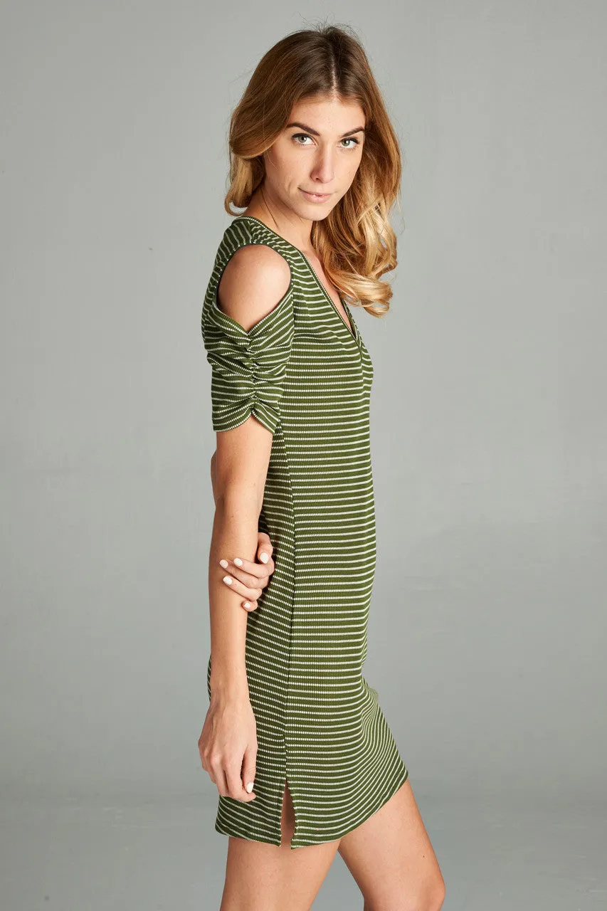 Open Shoulder Ribbed Dress with V Neck Striped Olive