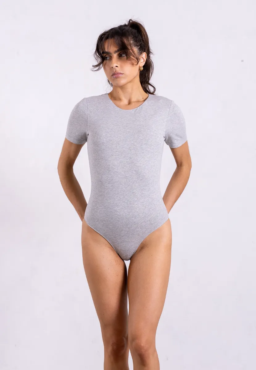 Organic Cotton Crew Bodysuit, Light Grey Marl