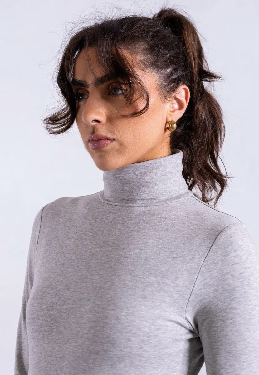 Organic Cotton Long Sleeve Roll-Neck Bodysuit, Light Grey Marl