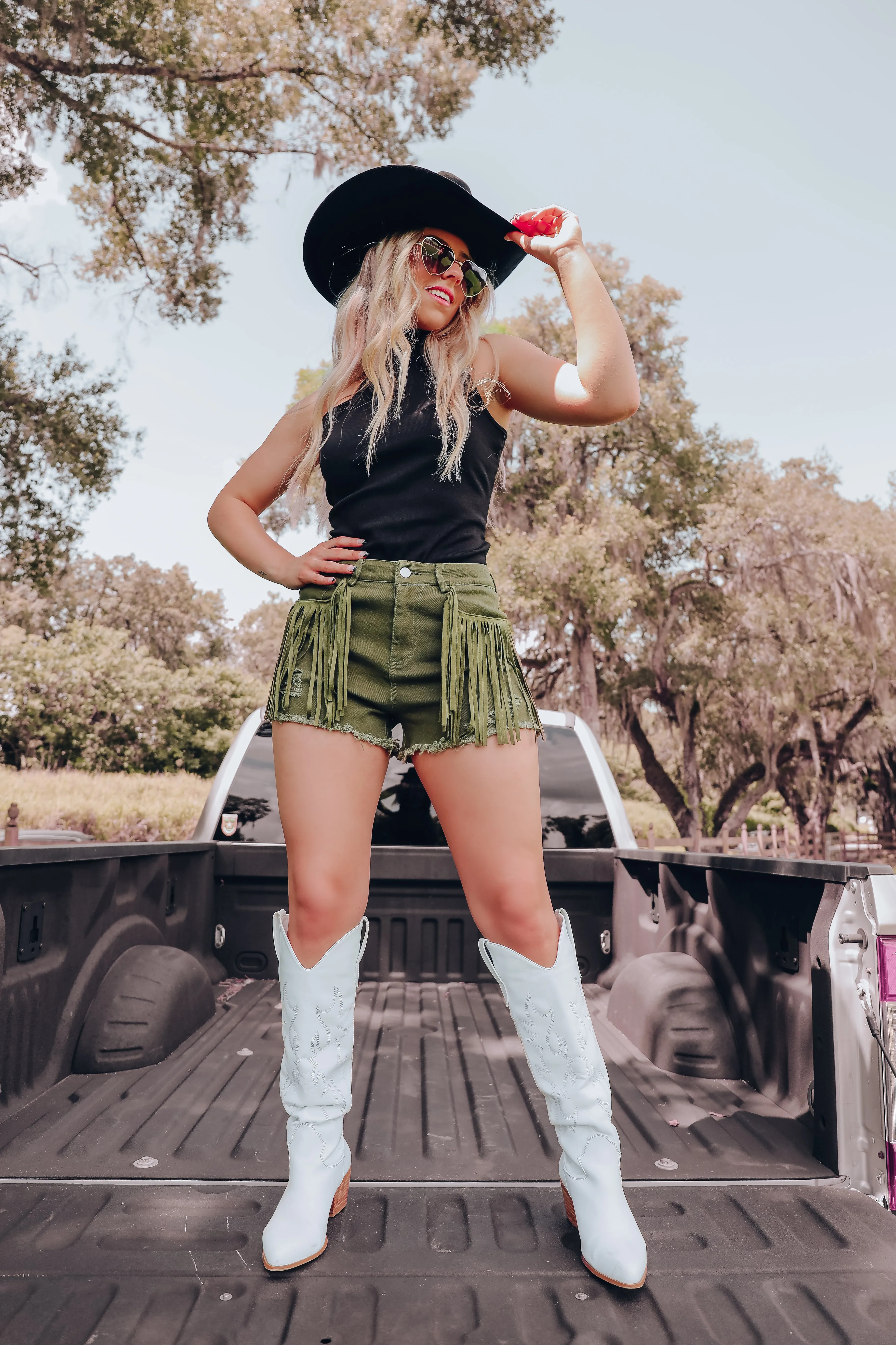Out West Fringe Denim Shorts - Olive