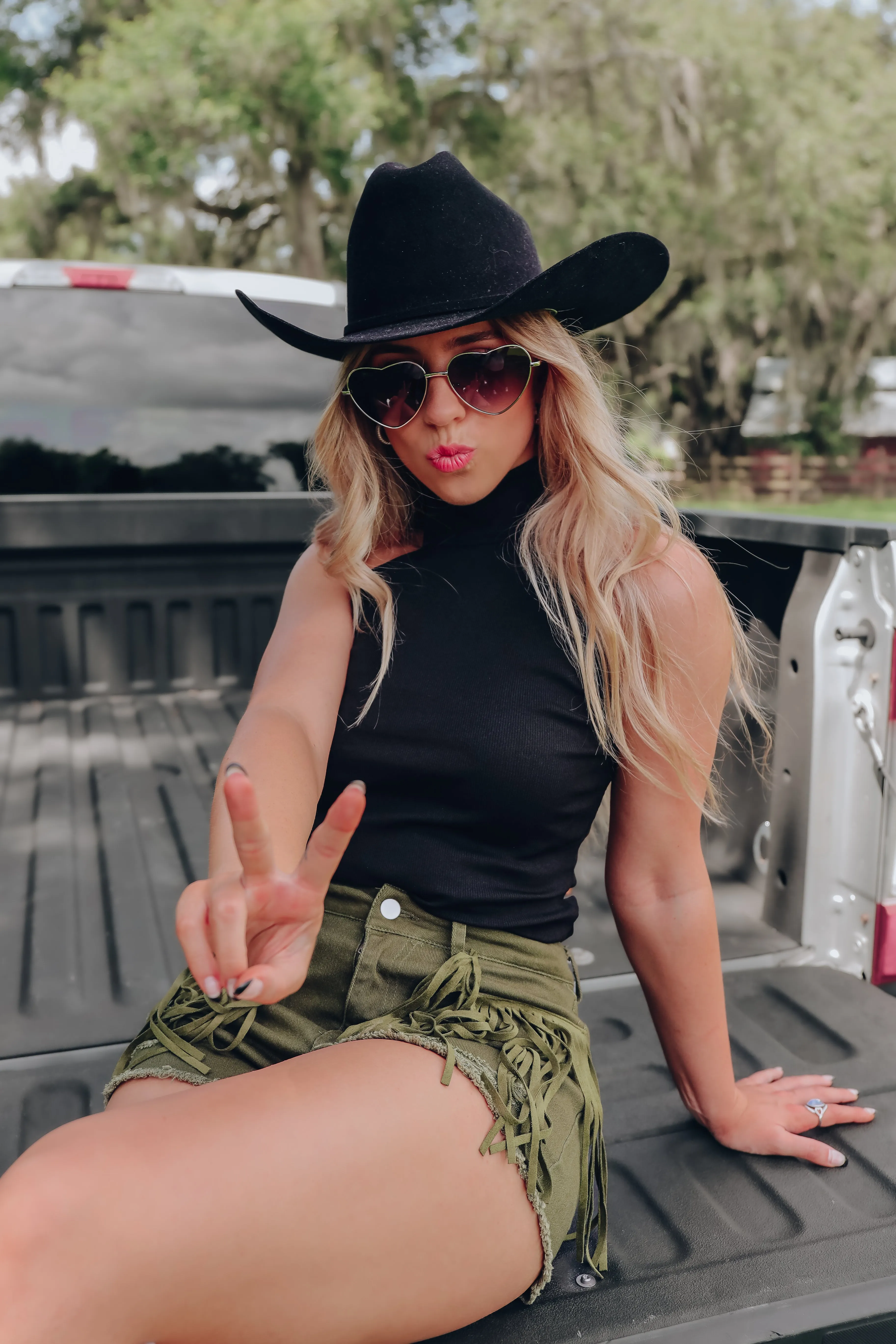 Out West Fringe Denim Shorts - Olive