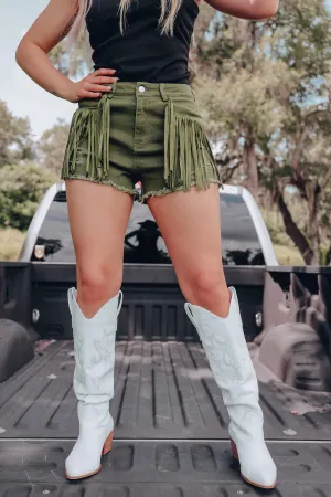 Out West Fringe Denim Shorts - Olive