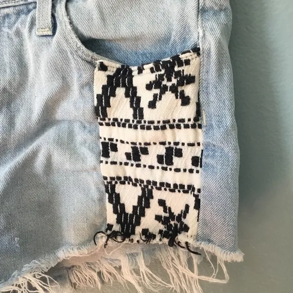 Paige Keira Mayan Piecing Denim Frayed Hem Shorts