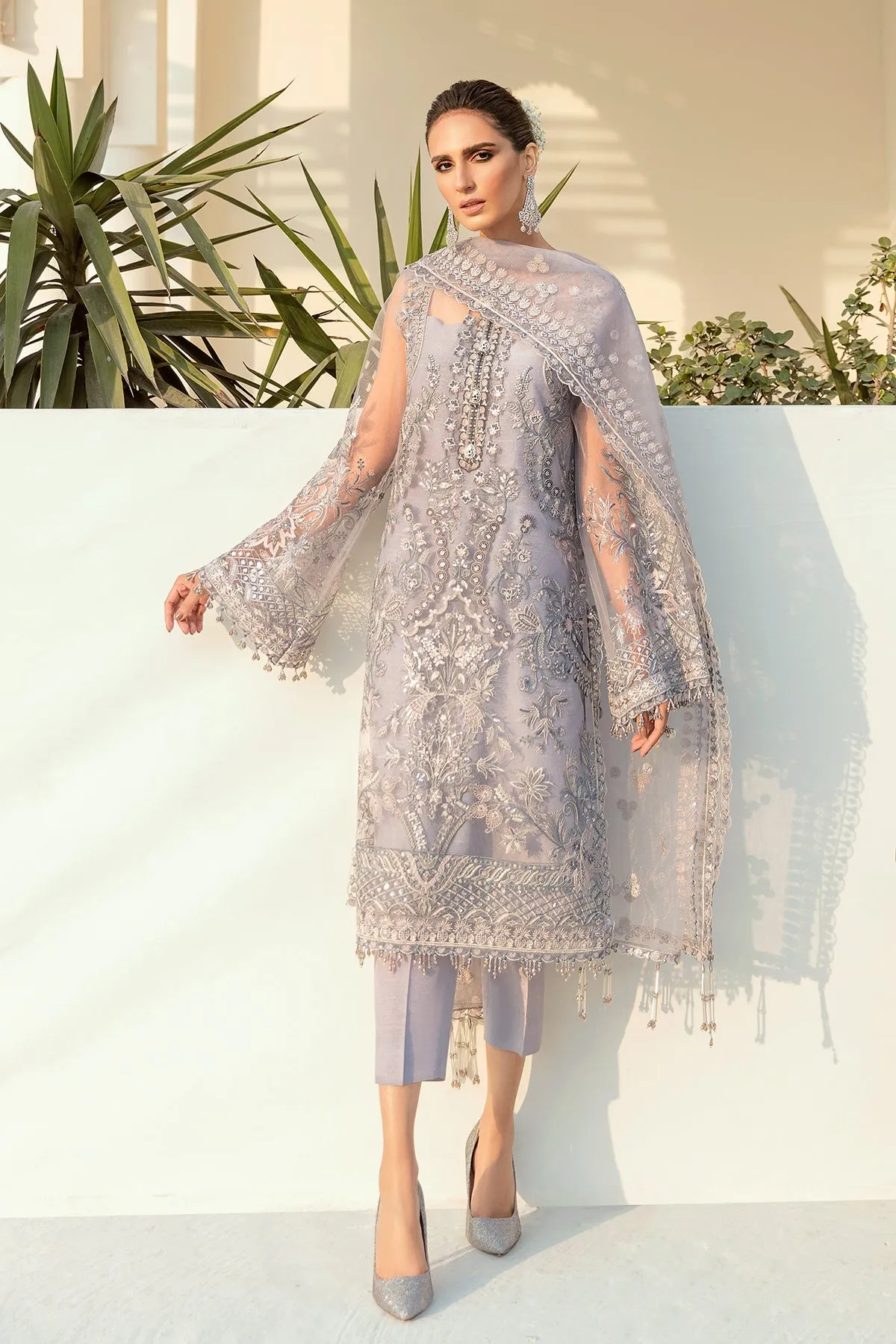 Pakistani Embroidered Heather Purple Kameez Capri Party Wear