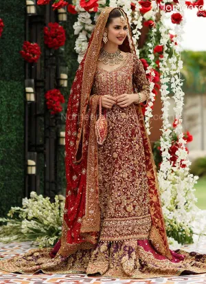 Pakistani Long Shirt Lehenga Bridal Dress in Red #BN957