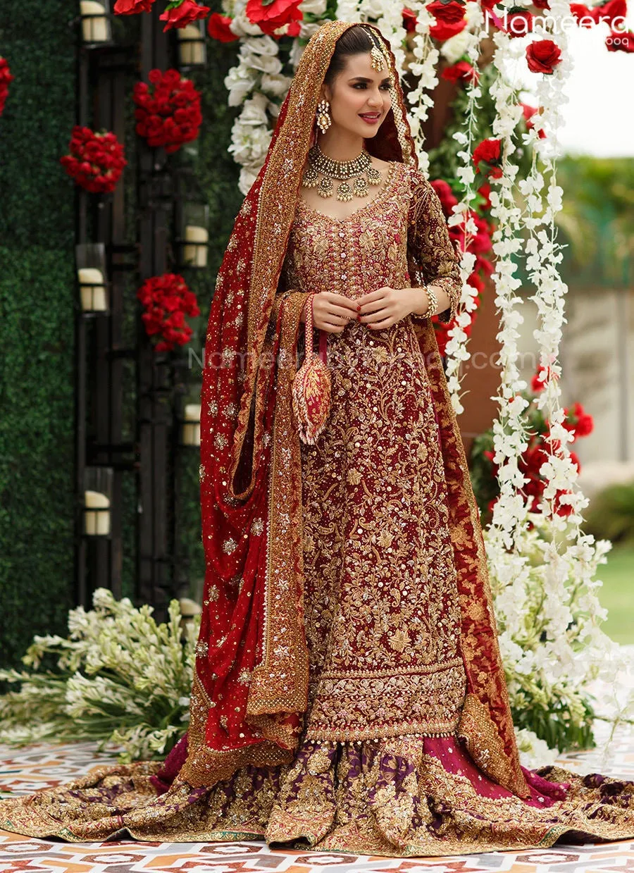 Pakistani Long Shirt Lehenga Bridal Dress in Red #BN957