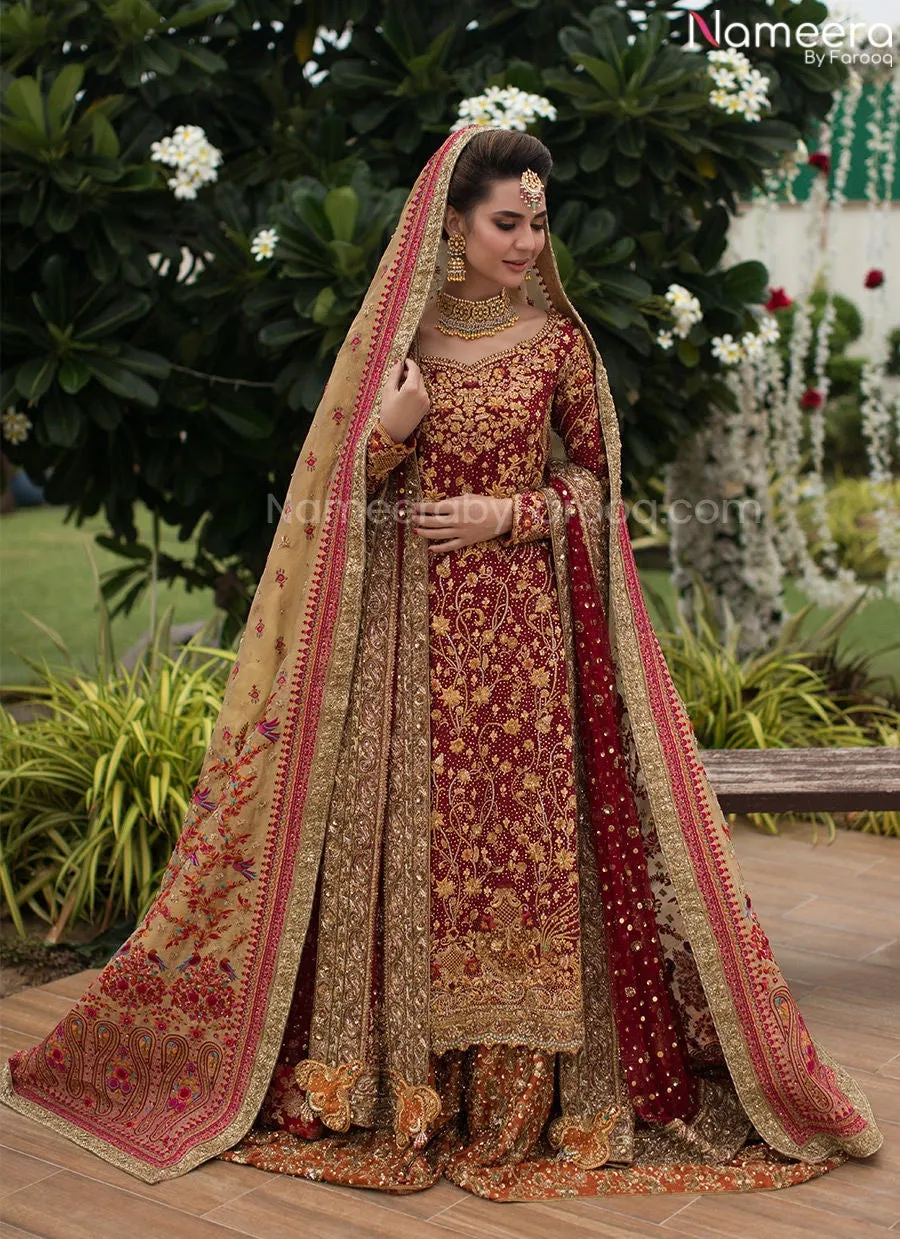 Pakistani Long Shirt Lehenga Bridal Dress in Red #BN957
