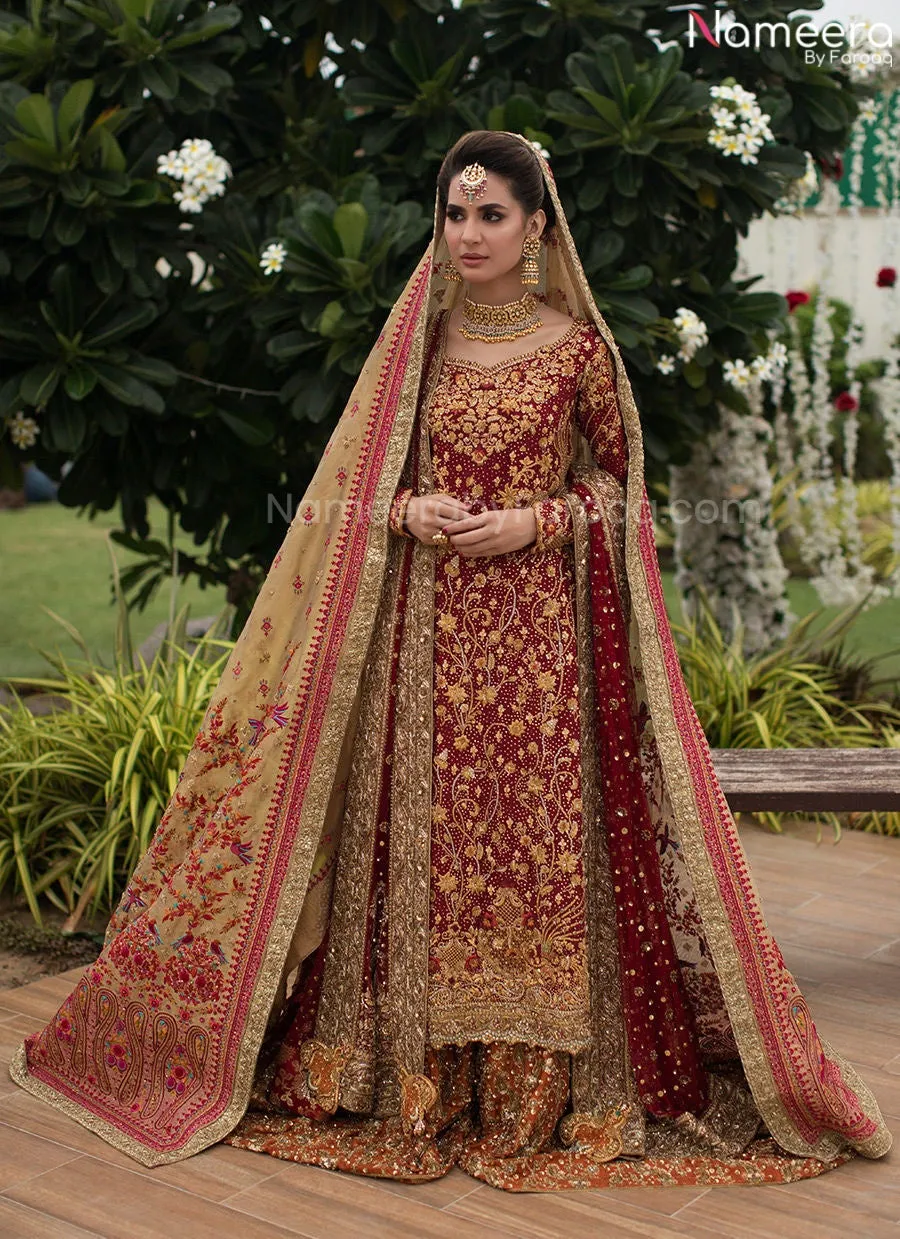 Pakistani Long Shirt Lehenga Bridal Dress in Red #BN957