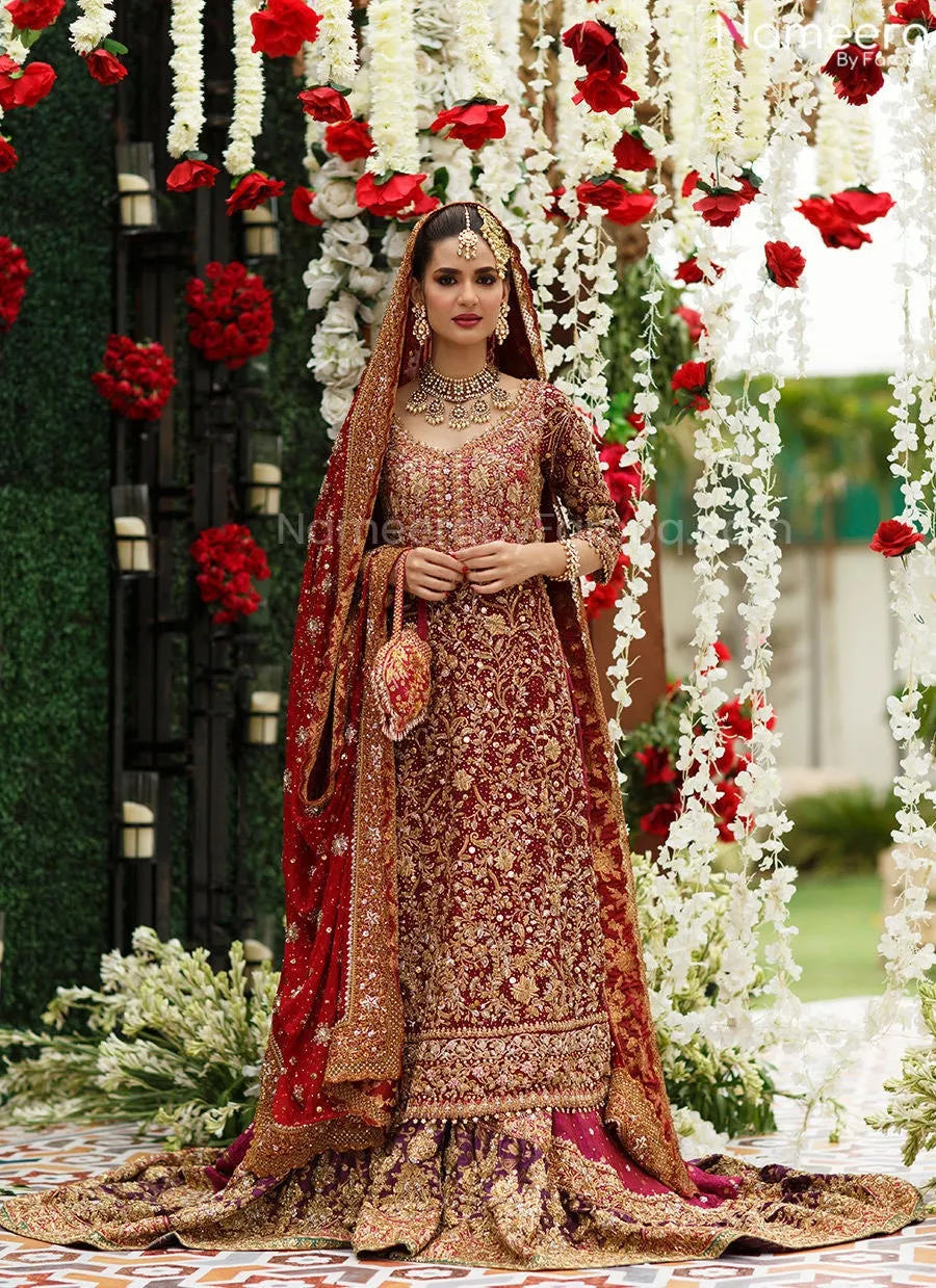Pakistani Long Shirt Lehenga Bridal Dress in Red #BN957