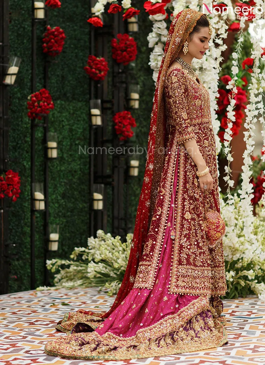Pakistani Long Shirt Lehenga Bridal Dress in Red #BN957