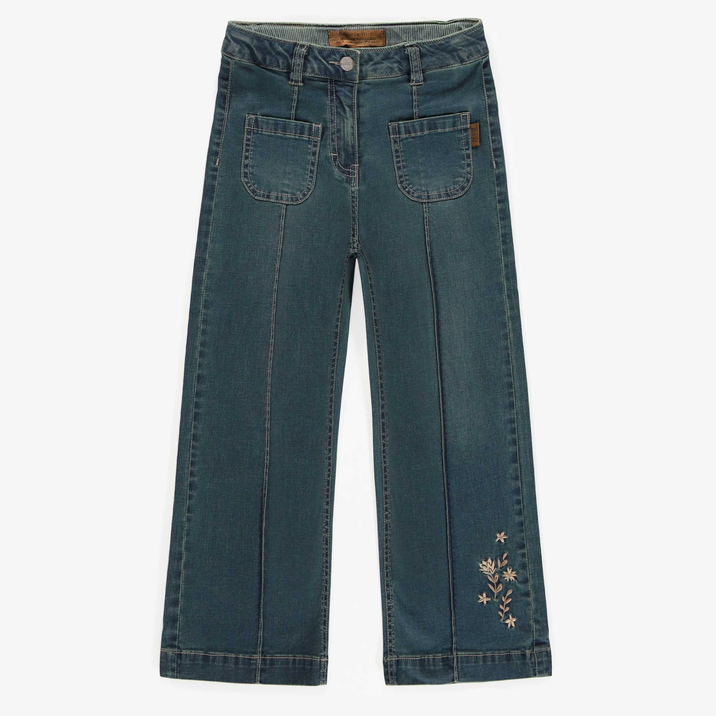 Pantalon coupe décontractée à jambes larges en denim foncé léger, enfant || Wide legs pants relaxed fit in lightweight dark denim, child