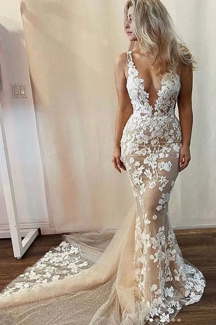 Pearls Backless Lace Mermaid Wedding Dresses Online