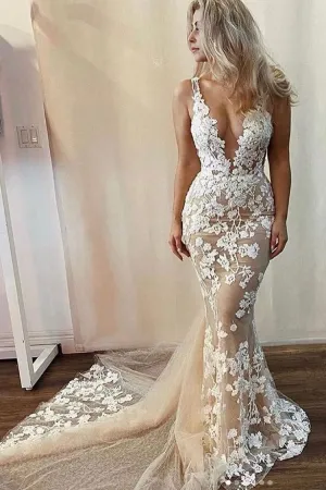 Pearls Backless Lace Mermaid Wedding Dresses Online