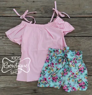 Pink Cold Shoulder Top with Blue Floral Paperbag Shorts