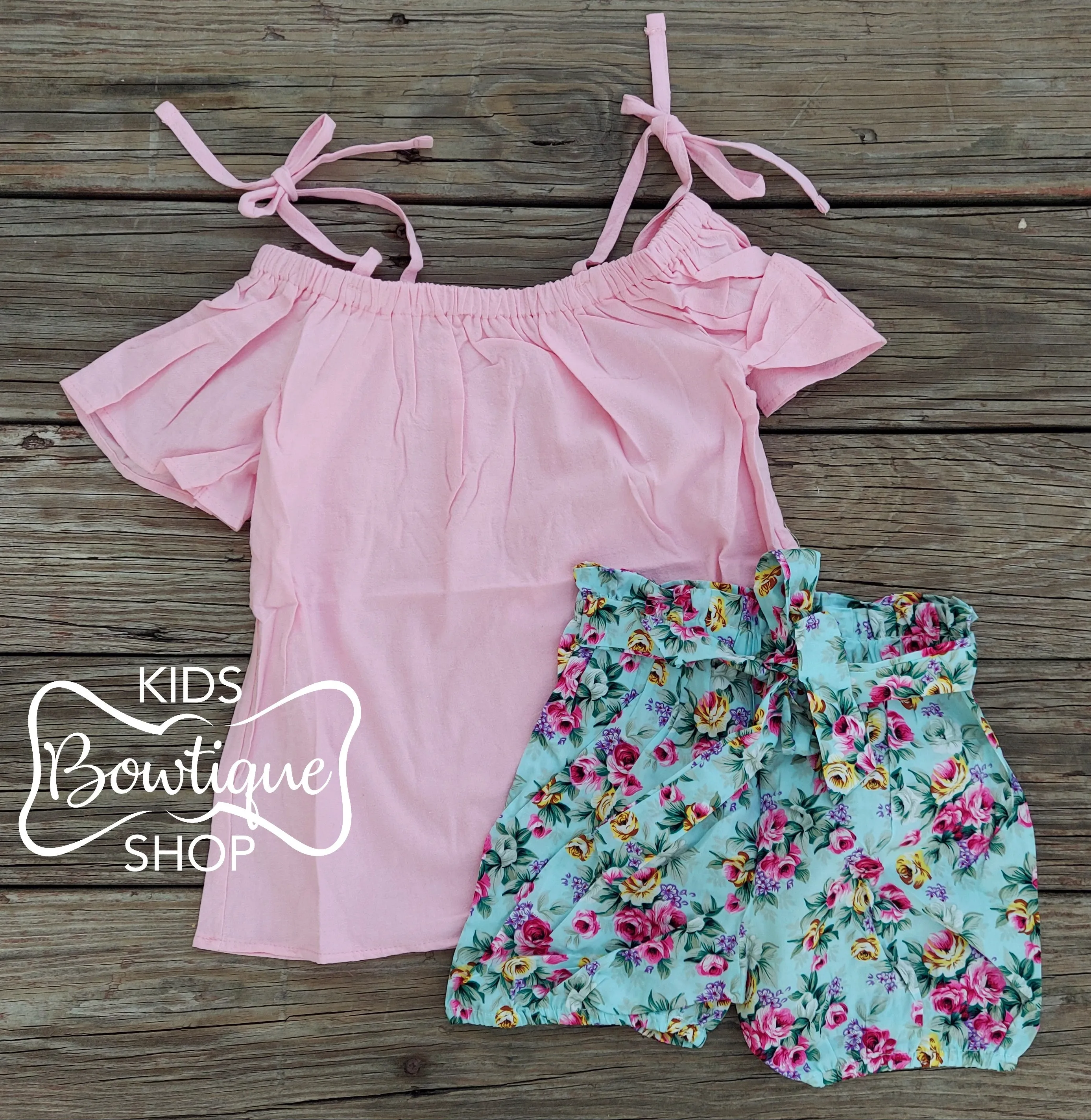 Pink Cold Shoulder Top with Blue Floral Paperbag Shorts