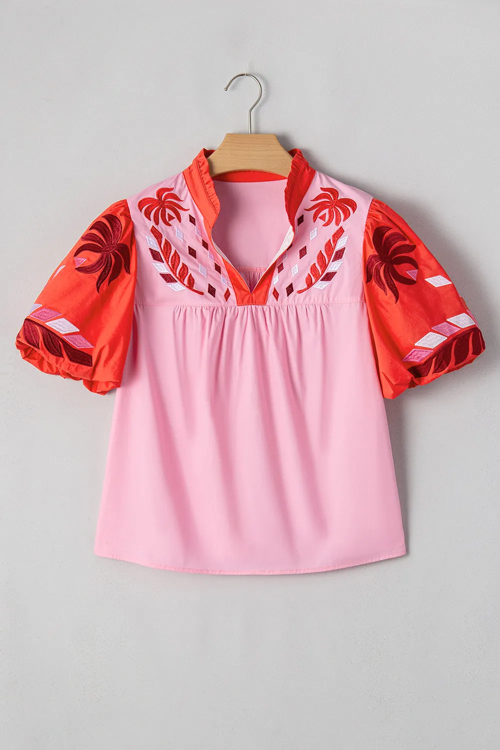 Pink Floral Embroidered Notch V Neck Puff Sleeve Babydoll Blouse